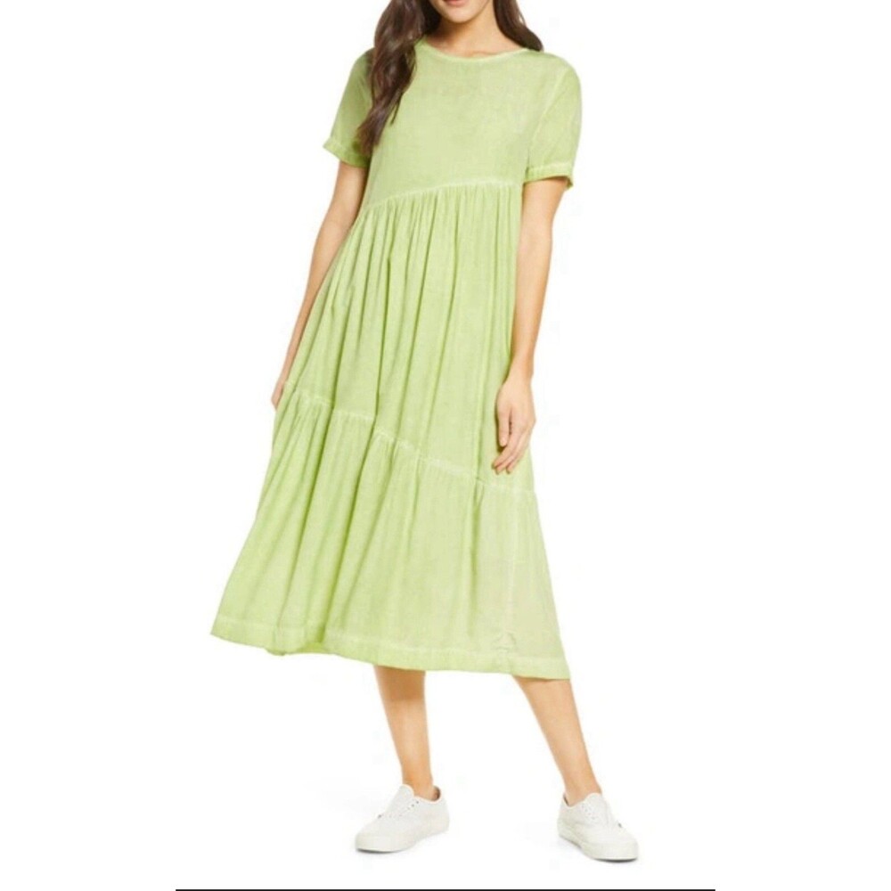Anthropologie Caara Women Dress Midi Green Cassina Tiered Vacay Sz XS